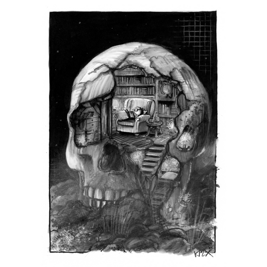 ALT-Text (DE)
Ein großer menschlicher Schädel liegt in einer dunklen Landschaft. Der Schädel ist aufgebrochen und im Inneren hat ein kleiner Wurm ein gemütliches Zuhause eingerichtet: Bücherregale, Treppen, kleine Räume und ein Sessel. Der Wurm sitzt entspannt im Sessel und liest ein Buch.

ALT-Text (EN)
A large human skull rests in a dark landscape. The skull is partly broken open, revealing a cozy interior home built inside. Shelves, stairs, and small rooms fill the space. A tiny worm sits comfortably in 